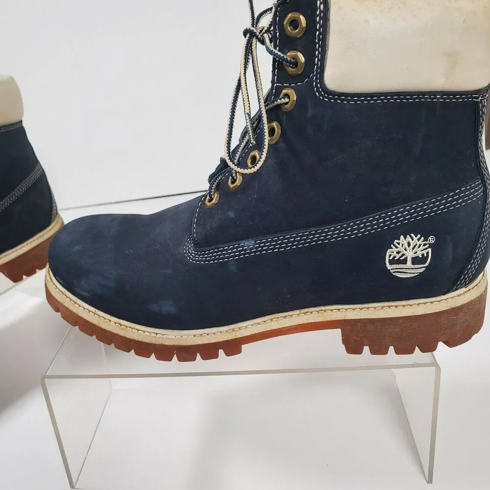 Timberland Men’s Premium 6-Inch Waterproof Boots 8.5M Navy Nubuck White Collar - Picture 10 of 16